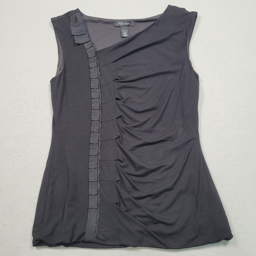White House Black Market Black Ruffled Sleeveless Blouse Top Asymmetrical Medium